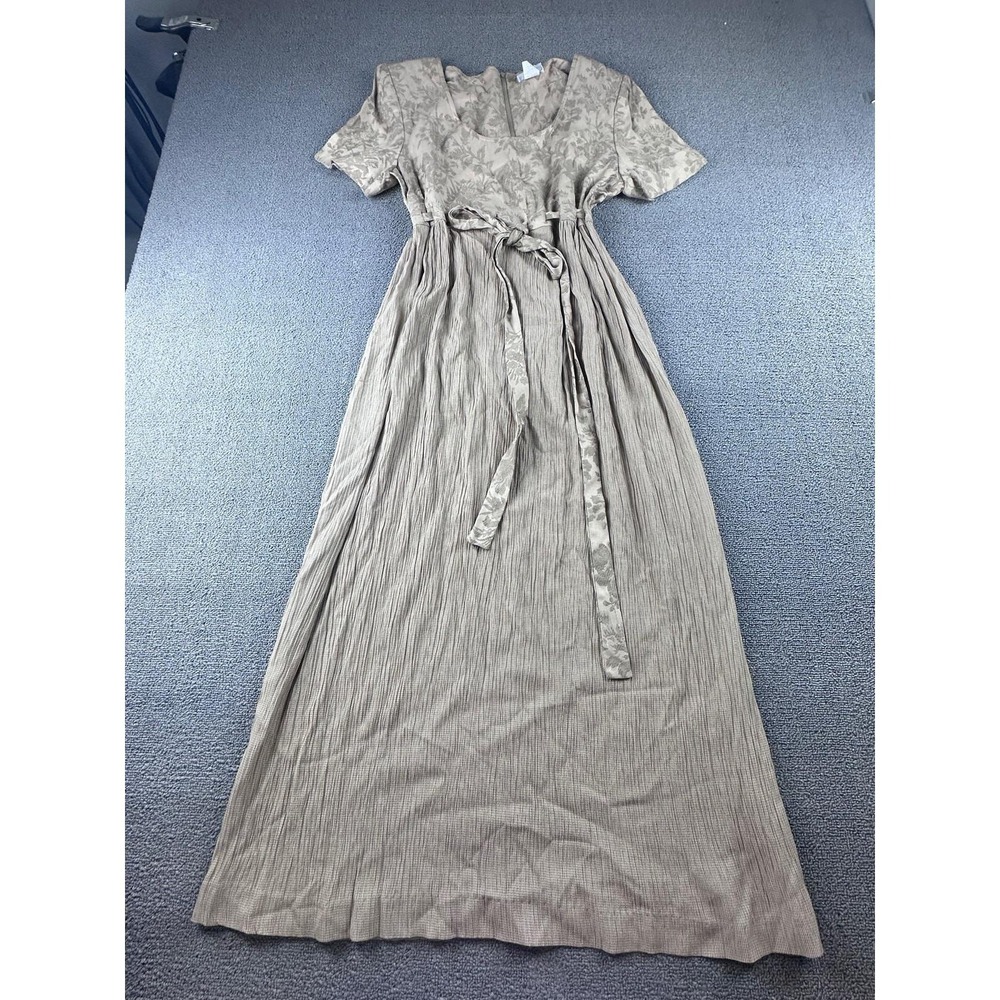 Vintage EXPO Maxi Dress Women 10 Tan Floral Belted Short Sleeve USA Cottagecore